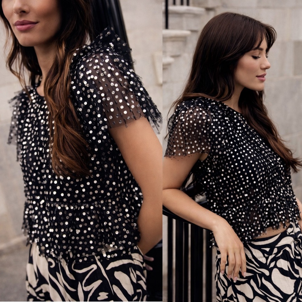 Olivia by Livro NWT Black Polly Sequin Ruffle Flutter Sleeve Top Size XS (as is)